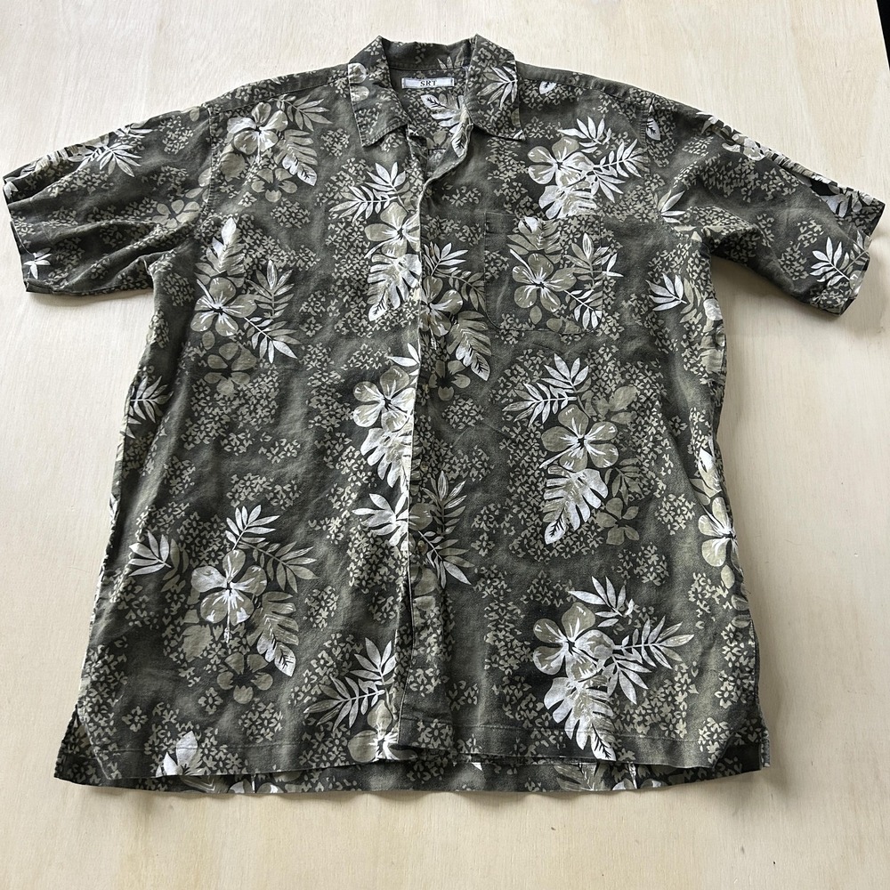 SRT Shirt Mens 2XLT Green Floral Hawaiian Short Sleeve Button Up Casual